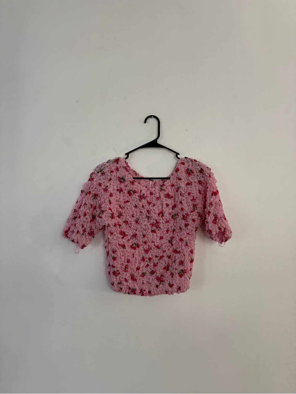 Anthropologie Pink Crochet Floral Short Sleeve Top